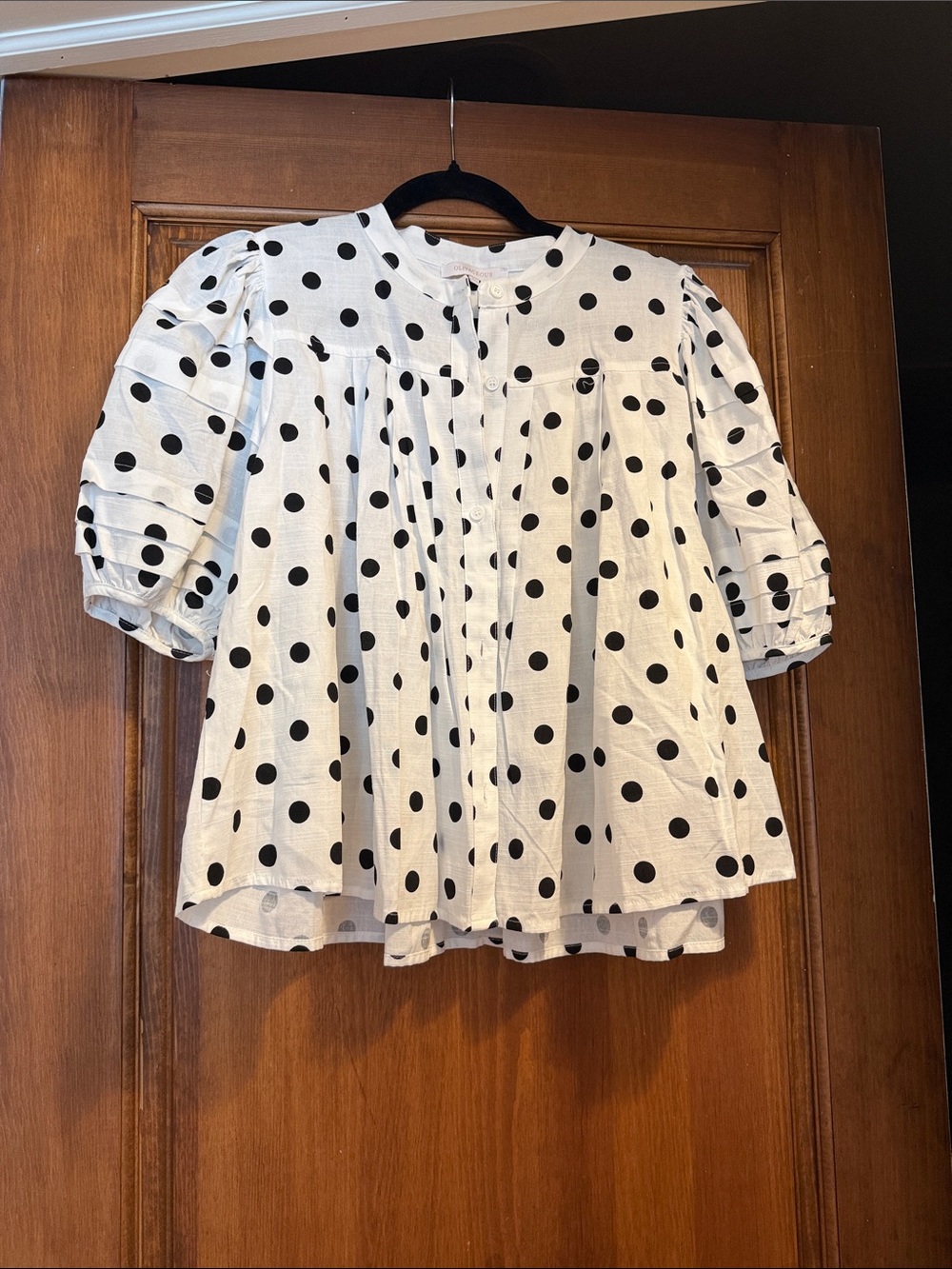Olivaceous White Button-Front Polka Dot Blouse